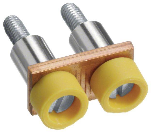 Zwei silberne Schrauben mit gelben Kunststoffabdeckungen, verbunden durch eine kupferne Platte, wahrscheinlich ein elektrisches Bauteil.