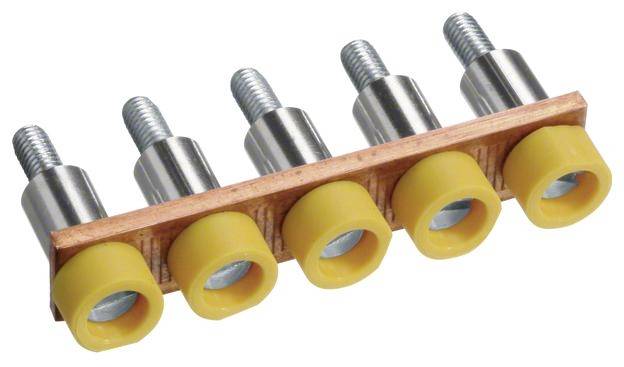 Metallteile mit gelben Kunststoffringen, verbunden durch eine Metallleiste.