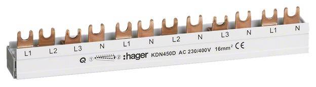 Kupferschiene mit Gabelanschlüssen, beschriftet 'L1', 'L2', 'L3', 'N'. Markierung 'Hager KDN4050', geeignet für 230/400V, 16mm².