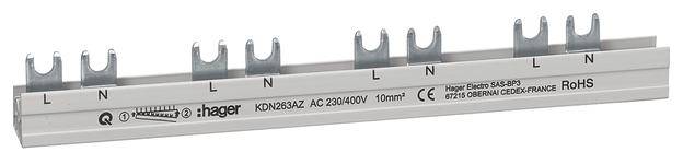 Abgebildet ist eine Hager KDN263A Verteilerleiste mit mehreren Metallklammern, beschriftet mit 'L' und 'N' für Phasenanschlüsse.