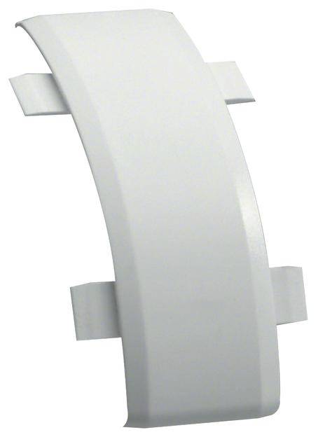 Weiße Kabelabdeckung mit gebogener Form und vier Befestigungslaschen, verwendet, um Kabel in Innenräumen zu verbergen und zu ordnen.