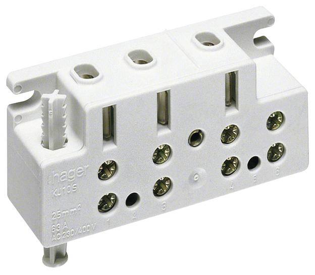 Elektrischer Anschlussblock mit mehreren Schraubklemmen, Hager KU19S, geeignet für 25 mm², 63 A, AC 230/400 V.