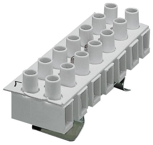 Weiße Anschlussklemme mit mehreren Kabelbuchsen und Metallklammern, zur elektrischen Verdrahtung verwendet.