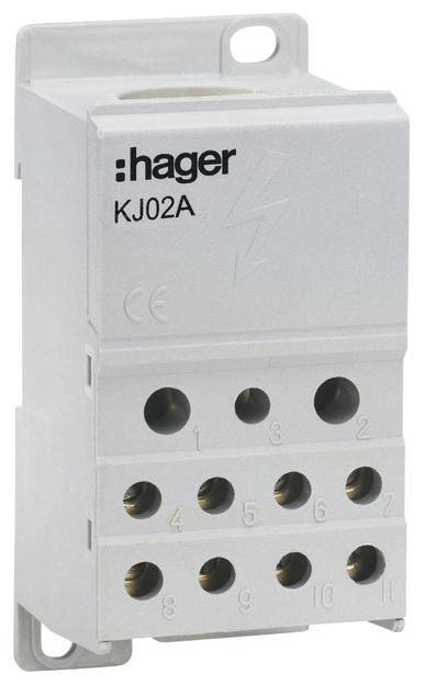 'Klemmenblock Hager KJ02A' mit 10 nummerierten Eingängen und einem Gehäuse in Weiß. Wird in elektrischen Schaltanlagen verwendet.