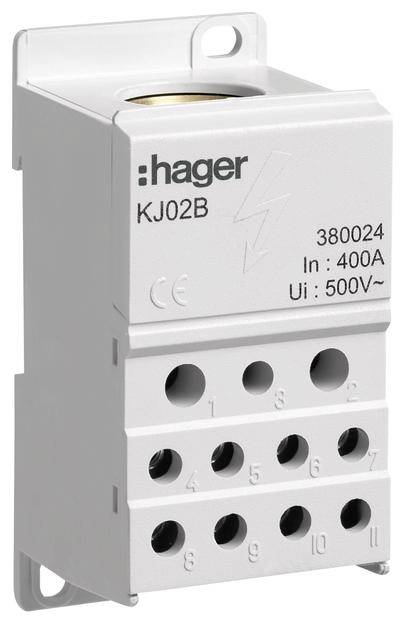Ein elektrischer Klemmenblock mit der Aufschrift 'hager KJ02B', bewertet für 400A und 500V. Enthält Anschlüsse für mehrere Kabel.