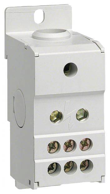 Ein grauer elektrischer Verteilerblock mit mehreren Schraubanschlüssen und einem Blitzsymbol, zur Verbindung elektrischer Kabel.