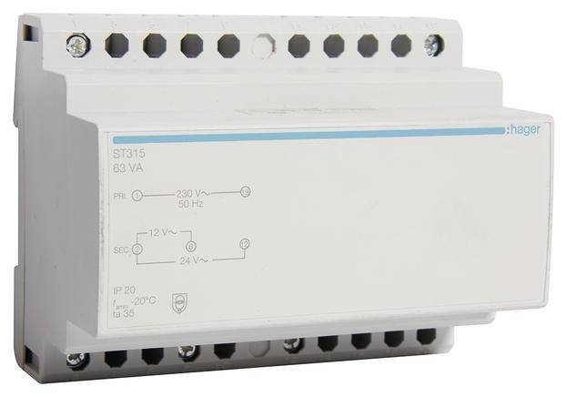 Ein Hager ST315 Transformator mit Primärspannung 230 V~, Sekundärspannung 12 V~/24 V~ und Schutzart IP20.