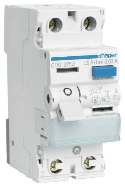 Ein automatischer Schutzschalter der Marke Hager mit der Bezeichnung 'CDS 225D', 25A, mit einem blauen Kippschalter und technischen Markierungen.