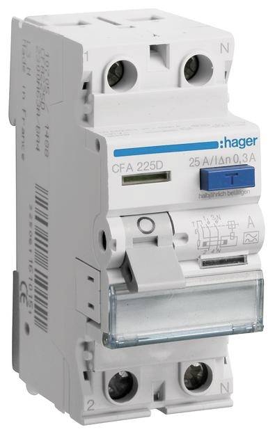 Ein FI-Schutzschalter von Hager mit der Bezeichnung 'CFA 225D', 25A/0,3A. Er hat Schalter- und Testknöpfe sowie Anschlussklemmen.