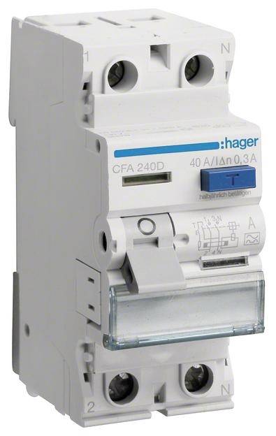 Fehlerstrom-Schutzschalter von Hager, Modell CFA 240D, 40 A/30 mA. Weißes, rechteckiges Design mit blauer Taste.