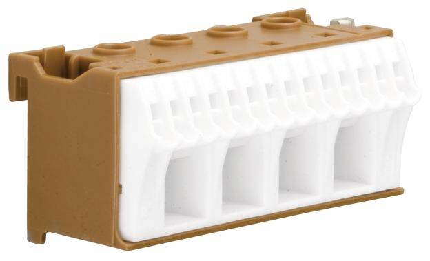 Eine braune Kunststoff-Steckklemme mit mehreren weißen Steckplätzen zur elektrischen Verdrahtung, isolierendes Gehäuse.