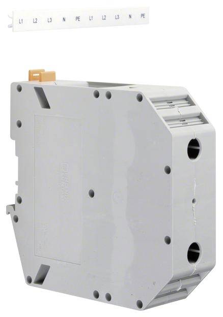 Ein graues elektrisches Schaltgerät mit mehreren Anschlussmöglichkeiten oben, gekennzeichnet mit L1, L2, L3, N und PE.