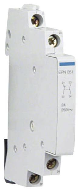 Ein weißer Leistungsschalter mit blauer Markierung 'EPN 051', zeigt die Stromstärke 2A und Spannung 250V~. Er hat mehrere Anschlüsse.