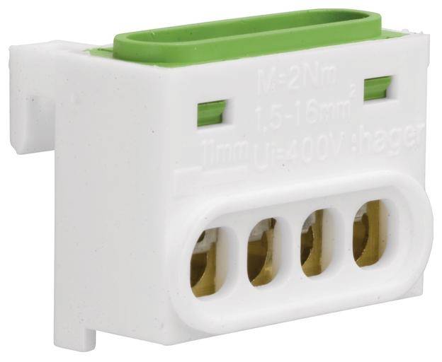 Weißer elektrischer Anschluss für Steckverbinder mit grüner Oberseite, geeignet für Kabelquerschnitt von 1,5-16 mm² und Spannung bis 400V.