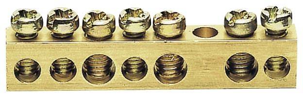 Ein Messing-Anschlussblock mit mehreren offenen Schraubklemmen zum Verbinden elektrischer Leitungen in einer Verteilerdose.