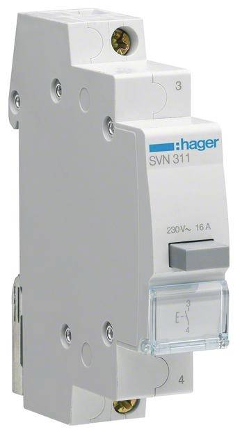 Ein weißer, rechteckiger Schutzschalter der Marke Hager, Modellnummer SVN311, für 230 V und 16 A. Montierbar auf Hutschienen.