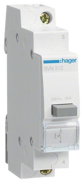 'Schütz SVN312' von Hager in Grau und Weiß. Es zeigt die elektrischen Spezifikationen: 230V~ und 16A. Enthält Anschlussklemmen.