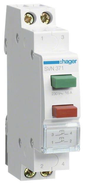 Ein weißer Hager-Sicherungsautomat mit grüner 'ON'- und roter 'OFF'-Taste, beschriftet mit 'SVN 371' und '230V~ 16A'.
