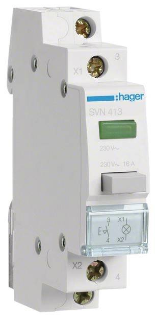 Elektrischer Schalter SVN 413 von Hager; 230V, 16A. Weiße Gehäusefarbe mit grüner Anzeige. Geeignet für den Schaltschrankbau.