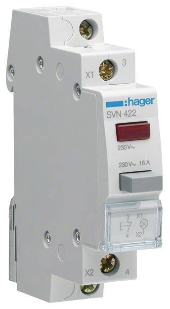 Stromschütz Hager SVN 422, 16A, 230V. Weißes Gehäuse mit Schraubanschlüssen und roter Statusanzeige. Geeignet für Schaltaufgaben.