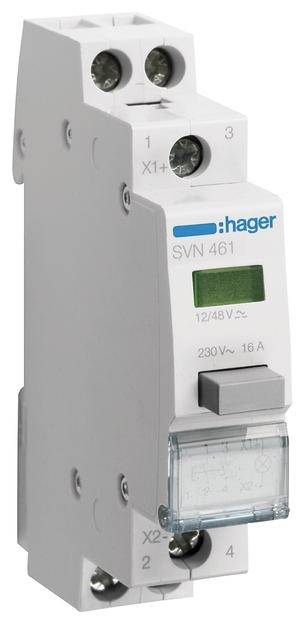 Ein Hager SVN 461 Zeitrelais, 230V~ 16A, mit zwei Anschlusspunkten oben und unten, zeigt '12/48V~' auf der Vorderseite an.