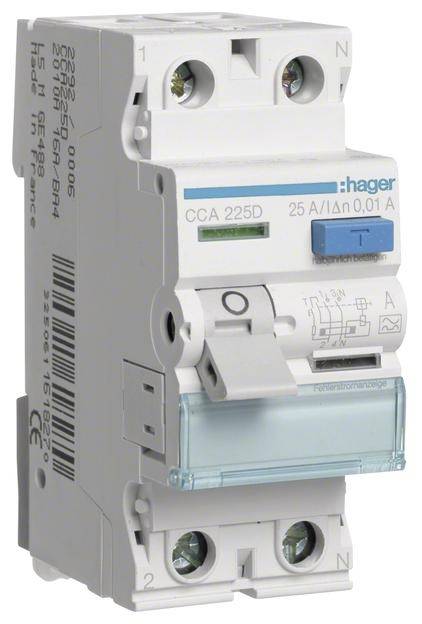 Ein Hager Sicherungsautomat mit der Aufschrift '25 A/Idn 0,01 A', zeigt Schalter und Anschlüsse. Verwendung in elektrischen Schaltkreisen.