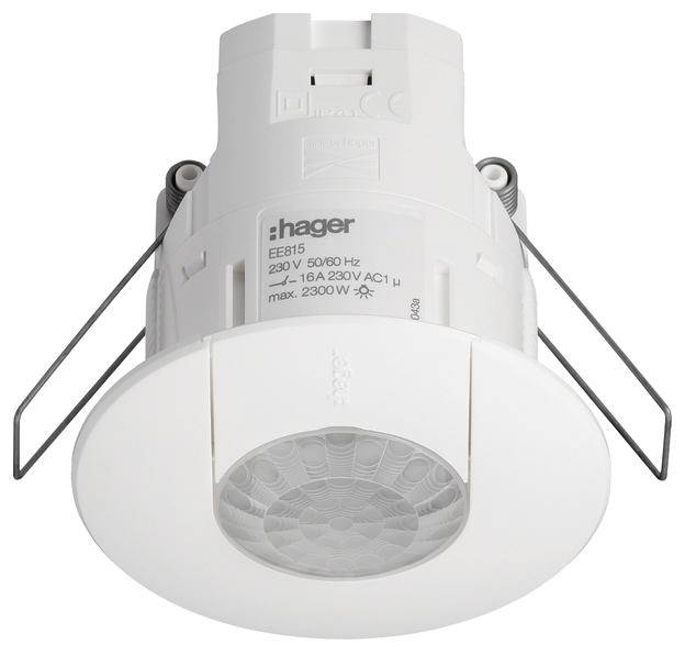 Bewegungsmelder mit weißem Gehäuse, montiert, geeignet für 230V/50-60Hz, belastbar bis 2300W. Geeignet für Deckeninstallation.