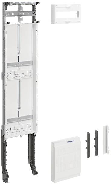 Explodierte Ansicht eines Gehäuses für Elektroinstallationen mit sichtbaren Komponenten, wie Rahmen, Abdeckungen und Halterungen.