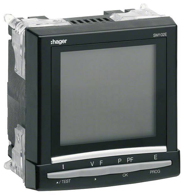 Ein schwarzes elektronisches Steuergerät mit Display und Tasten für Test, OK, und Prog. Aufschrift: 'hager' und 'SM102E'.