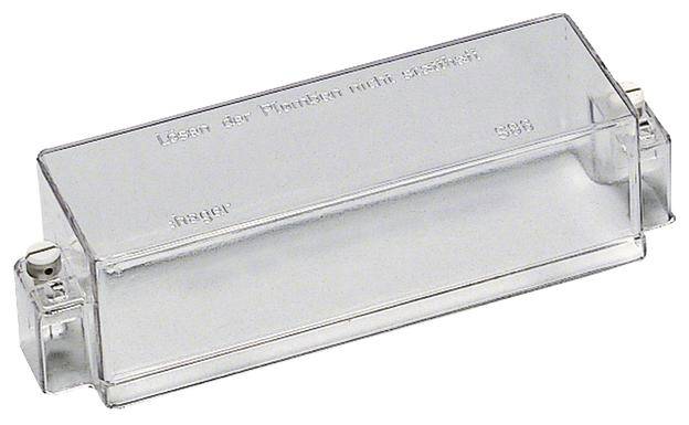 Klares Kunststoff-Schutzgehäuse mit der Aufschrift 'Lösen der Plomben nicht gestattet', geeignet für Schutzplattenverdrahtung.
