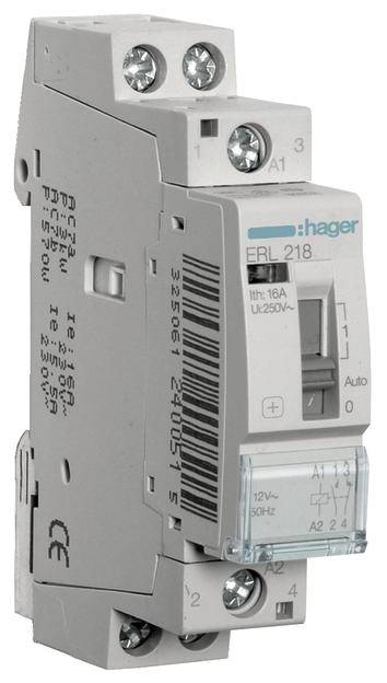 Ein elektronisches Relais von Hager, Modell ERL 218, mit Schalter für Auto/Manuell, geeignet für 16A und 250V AC, gezeigt in Nahaufnahme.