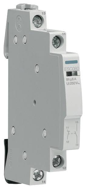 Ein graues elektrisches Relais mit der Bezeichnung 'ESC080', ausgelegt für 6 Ampere und 250 Volt.