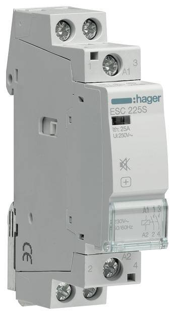 Ein elektrischer Schütz von Hager, Modell ESC 225S, ausgelegt für 25A und 250V, mit Anschlüssen und Symbolen auf der Vorderseite.