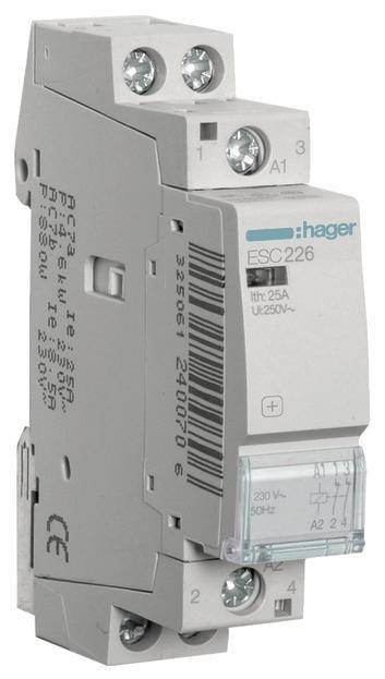 Ein Schaltschütz von Hager, Modell ESC226, 25A, 230V/50Hz. Sichtbar sind Anschlussklemmen und eine Beschriftung mit technischen Spezifikationen.