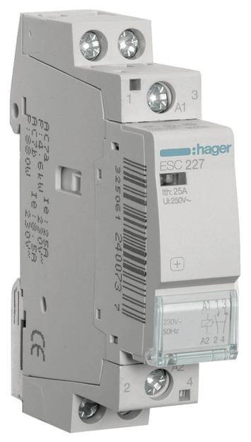 Ein graues Schaltschütz-Modul von Hager, Modell ESC 227, für 250V Wechselstrom, 25A, mit Schraubanschlüssen und Montagevorrichtung.