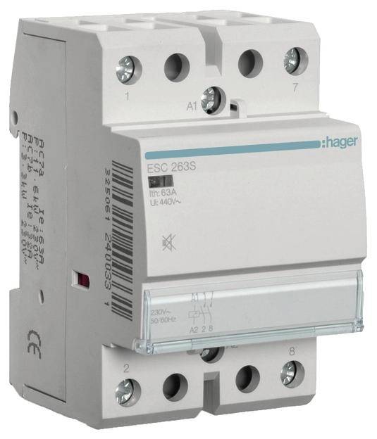Ein zweipoliger Leistungsschutzschalter der Marke Hager, Modell ESC 263S, geeignet für 63 Ampere und 400 Volt Anwendungen.