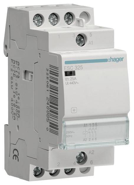 Ein weißes, rechteckiges elektrotechnisches Gerät mit mehreren Anschlüssen, markiert als Hager ESC 325, geeignet für 25A und 440V.