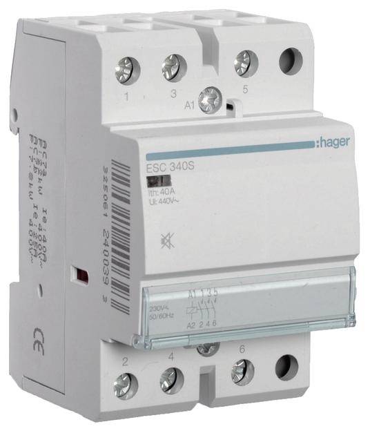 Ein Hager-Leistungsschalter ESC 340S zur Steuerung elektrischer Kreisläufe. Nennstrom 40A, Spannung 440V.