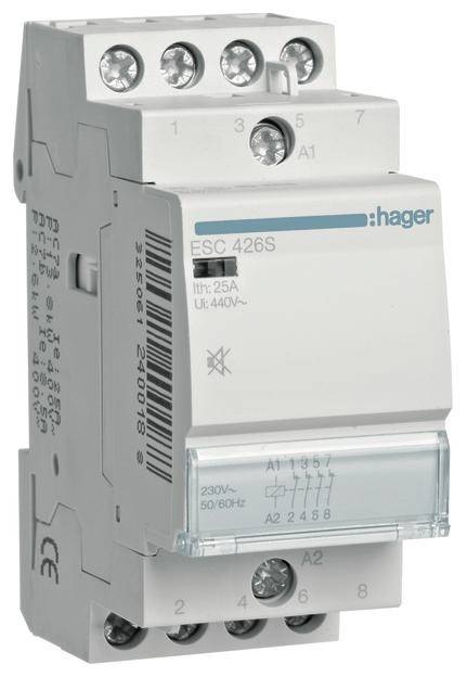 Elektrischer Schütz von Hager, Modell ESC 426S, für 230V/440V, 25A, zur Steuerung elektrischer Lasten in Schaltanlagen.