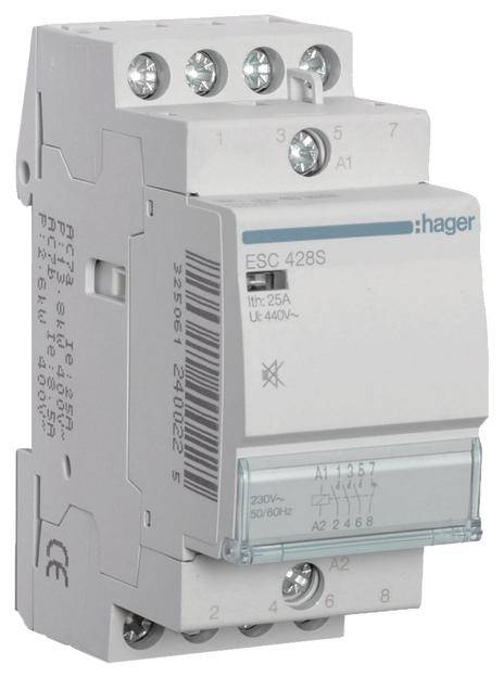 Ein weißes Hager-Schütz mit grauen Details, Modell ESC 428S, geeignet für 25A und 440V. Es hat mehrere Anschlussklemmen.