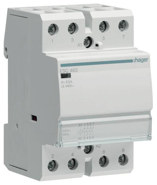 Ein dreiphasiger Hager-Leistungsschalter, Modell ESC463, für elektrische Schalttafeln, geeignet für 63A und 440V.