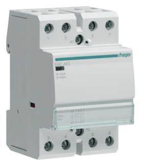 Grauer FI-Schutzschalter mit sechs Anschlüssen, Firmenlogo 'Hager' oben rechts. Verwendet zum Schutz vor elektrischen Unfällen.