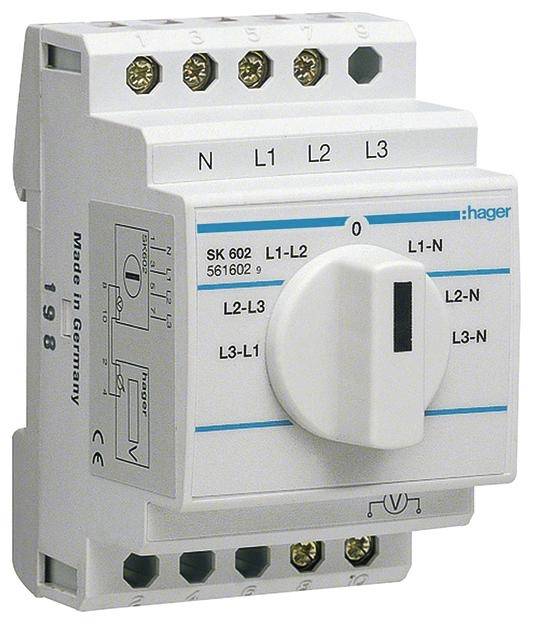 Ein elektrischer Drehschalter von Hager mit den Einstellungen L1-N, L2-N, L3-N und anderen. Für die Steuerung von Stromkreisen.