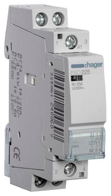 'ESD 225 Hager' Geräteschalter, 25A, abgebildet in einer seitlichen Ansicht mit Anschlussklemmen und Beschriftung sichtbar.