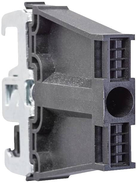 Schwarzer Elektro-Klemmenblock mit Metallkomponente, seitliche Ansicht. Wird für den Anschluss elektrischer Kabel verwendet.
