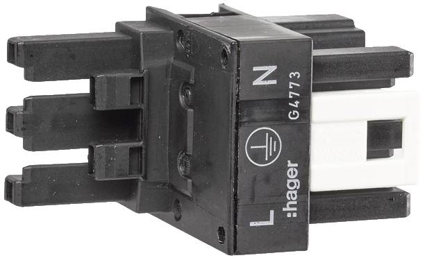 Ein schwarzes elektrisches Ersatzteil, das mit 'L', 'N' und einem Erdungssymbol beschriftet ist. Herstellerlogo 'Hager'.