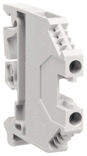 Grauer, modularer elektrischer Kontaktblock mit zwei Schraubverbindungen zur Befestigung von Drähten.
