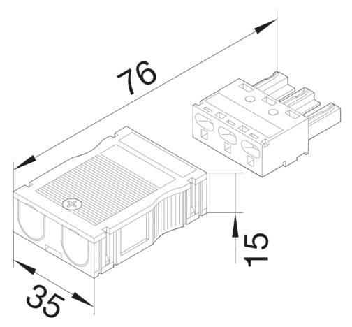 Technische Zeichnung eines Steckverbinders mit Maßen: Länge 76 mm, Breite 35 mm, Höhe 15 mm. Zeigt Details der Verbindungselemente.
