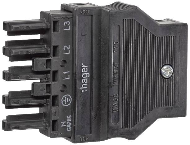 Schwarzer Elektrostecker mit fünf Steckverbindungen, beschriftet mit 'L1', 'L2', 'L3', 'N', '+' und 'hager', für elektrische Schaltungen.