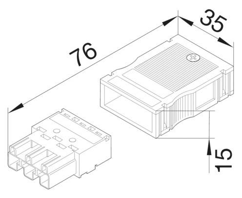Technische Zeichnung eines Steckverbinders mit Maßen: Breite 35 mm, Länge 76 mm, Höhe 15 mm. Draufsicht und Perspektive gezeigt.